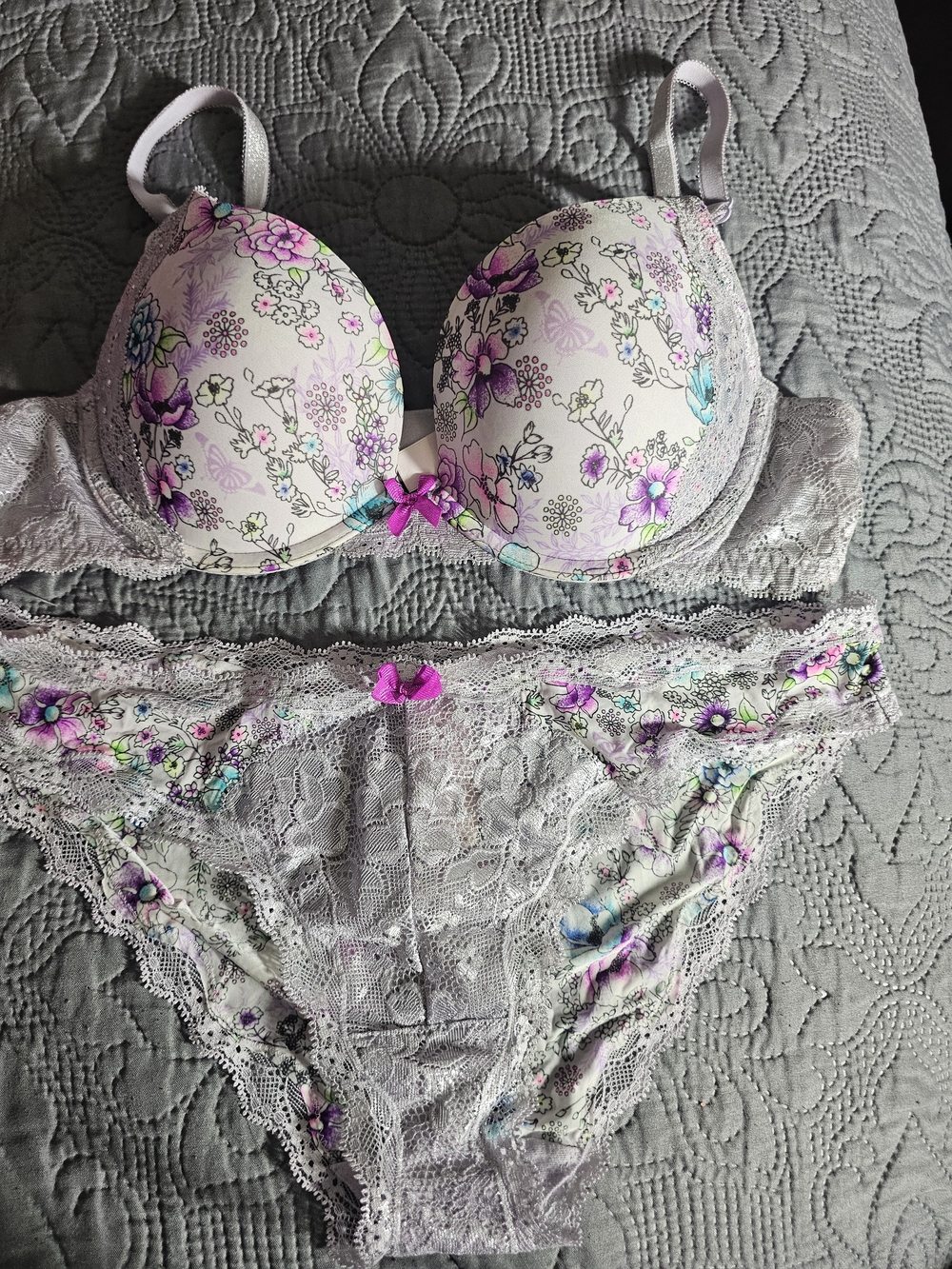 Victoria's Secret Lavender Floral Lace Push-Up Bra & Bikini Set